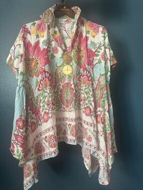 Linen cotton Floral floral draped oversized top- Pink, Aqua & Cream